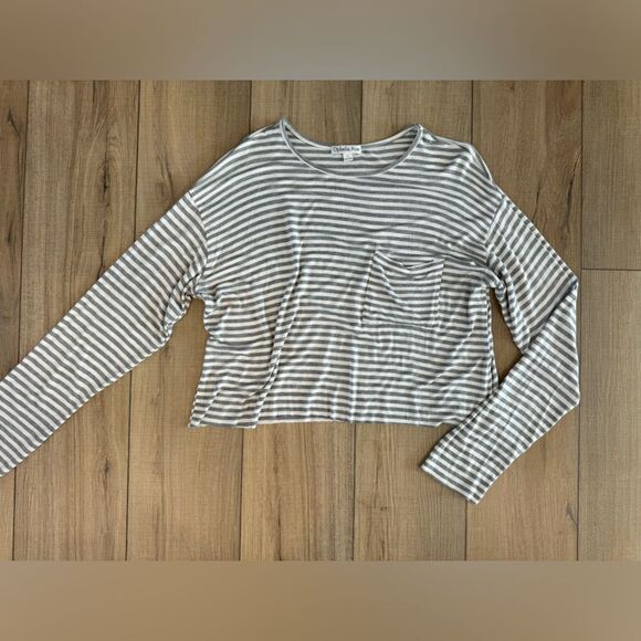 Ophelia Roe gray & white stripe long sleeve cropped shirt large L soft stretchy - Picture 3 of 3